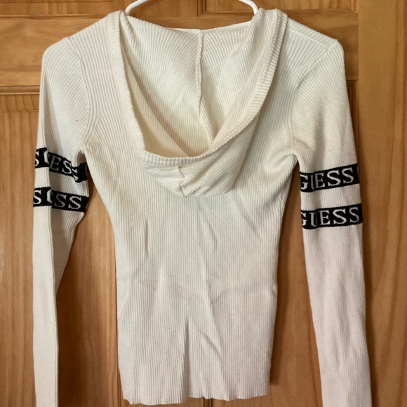 Guess Size S White with Black Zip Up Hooded Long Sleeve Sweater - Picture 8 of 10